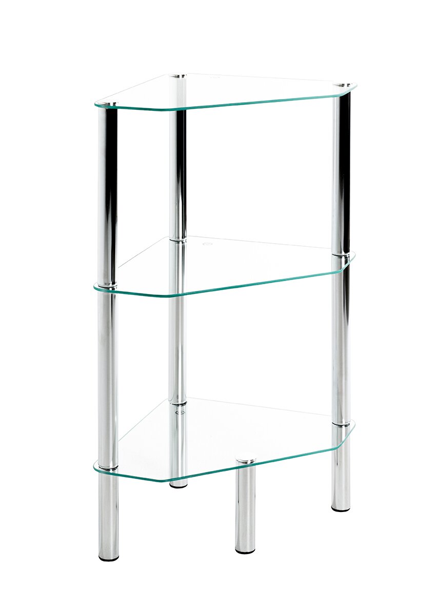 Dreistöckiges Eckregal mit transparenten Glasböden und verchromten Metallrohren, freistehend auf weißem Hintergrund, Ansicht schräg von vorne leicht von oben