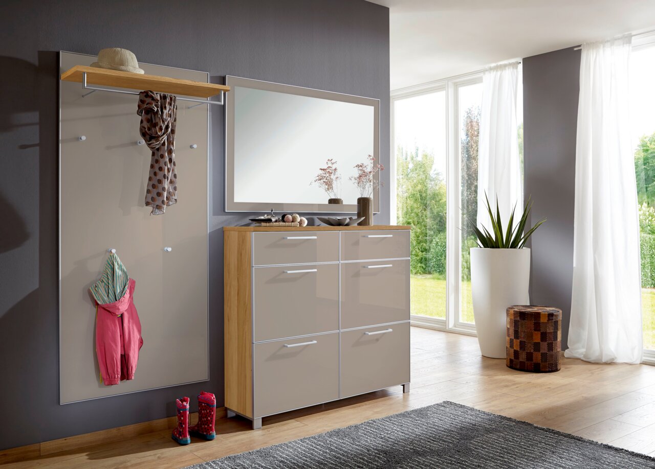 Garderoben-Set 3-tlg. in modernem Design mit Spiegel, Hakenleiste und Kommode, seitliche Perspektive