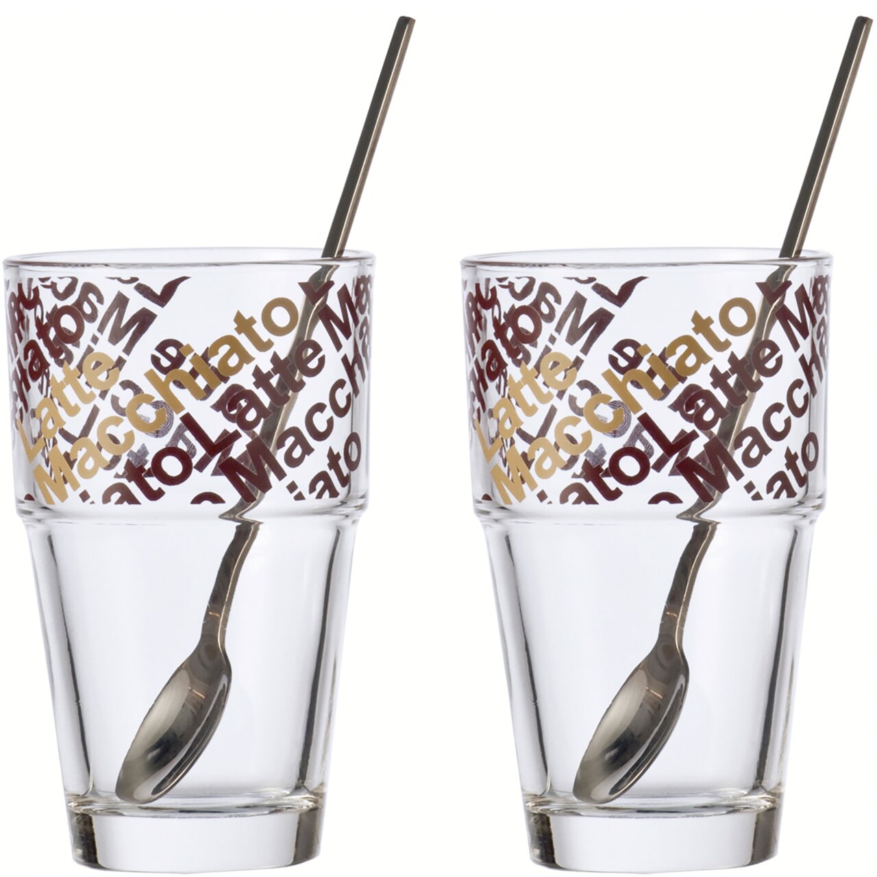 Leonardo Cafe Latte Set Solo 4-tlg. Zwei Latte Macchiato Gläser mit Löffeln, frontal fotografiert, mit Schriftzug in Braun- und Goldtönen.