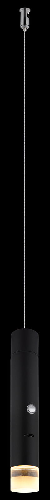 Moderne Akku-Pendelleuchte PELO von Globo Lighting in schwarzem Zylinderdesign, seitliche Perspektive.