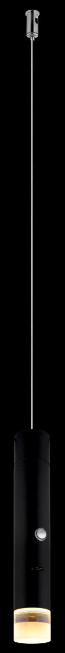 Moderne Akku-Pendelleuchte PELO von Globo Lighting in schwarzem Zylinderdesign, seitliche Perspektive.