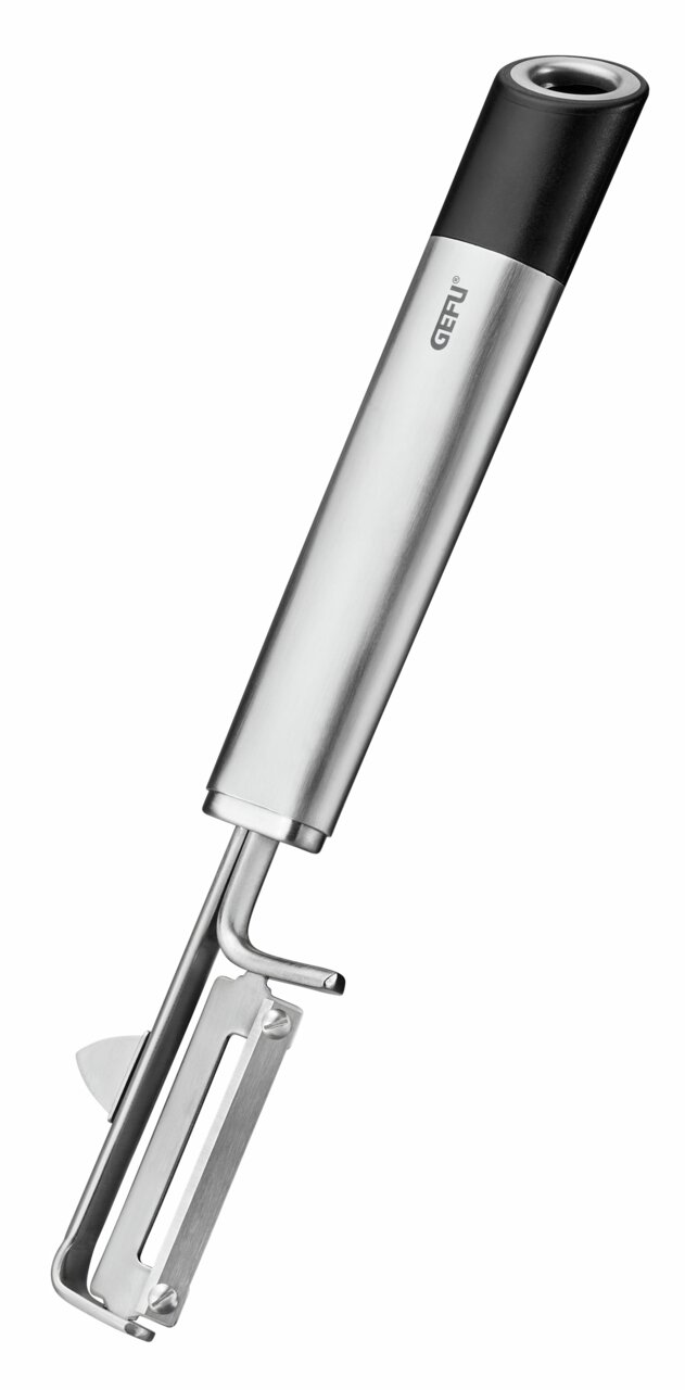 Sparschäler PRIMELINE aus Edelstahl mit ergonomischem Griff, seitliche Perspektive