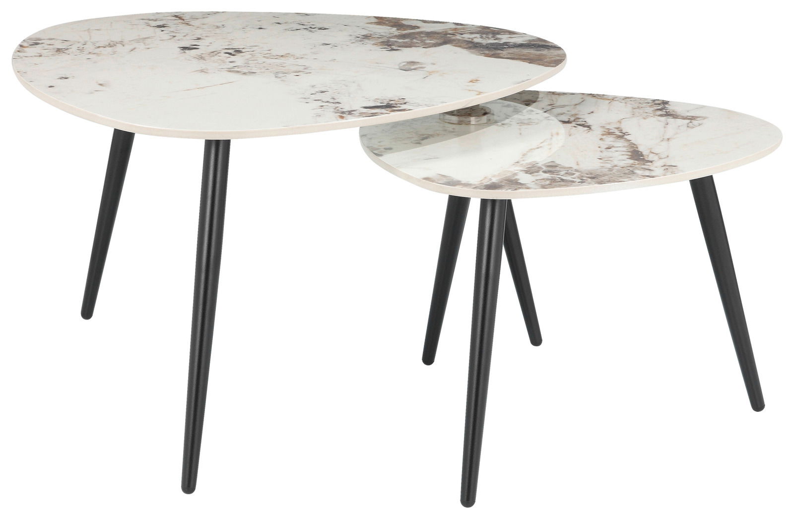 Zweier-Set von Couchtischen mit marmorierter Oberfläche und schwarzen Beinen, seitliche Perspektive
