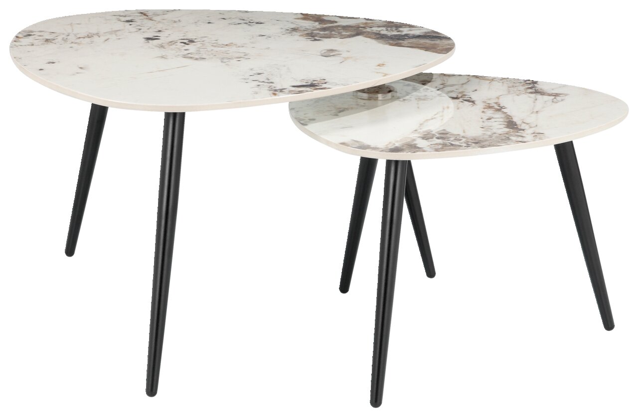 Zweier-Set von Couchtischen mit marmorierter Oberfläche und schwarzen Beinen, seitliche Perspektive