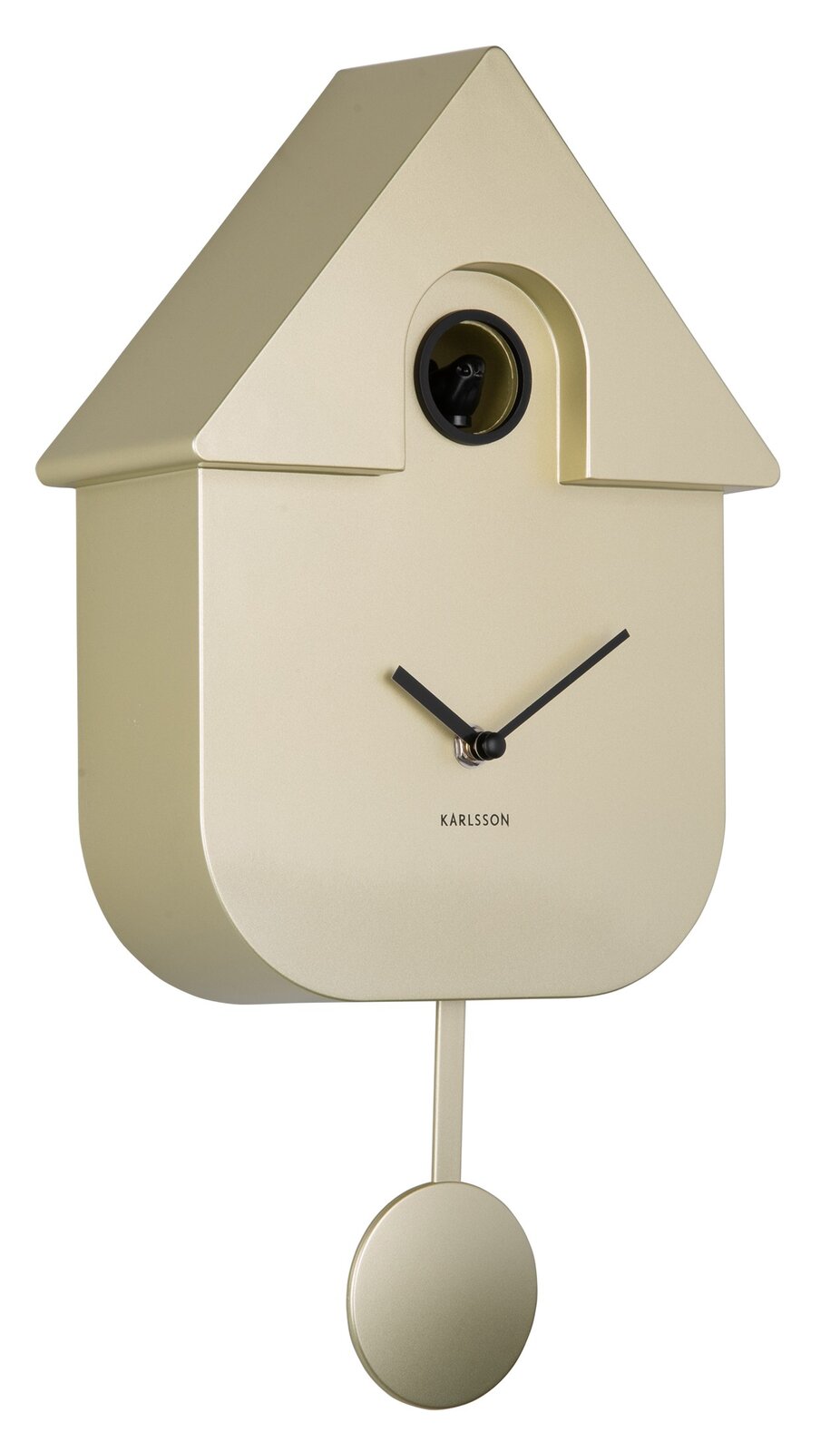 Moderne Wanduhr in Form eines Vogelhauses mit Pendel, seitliche Perspektive