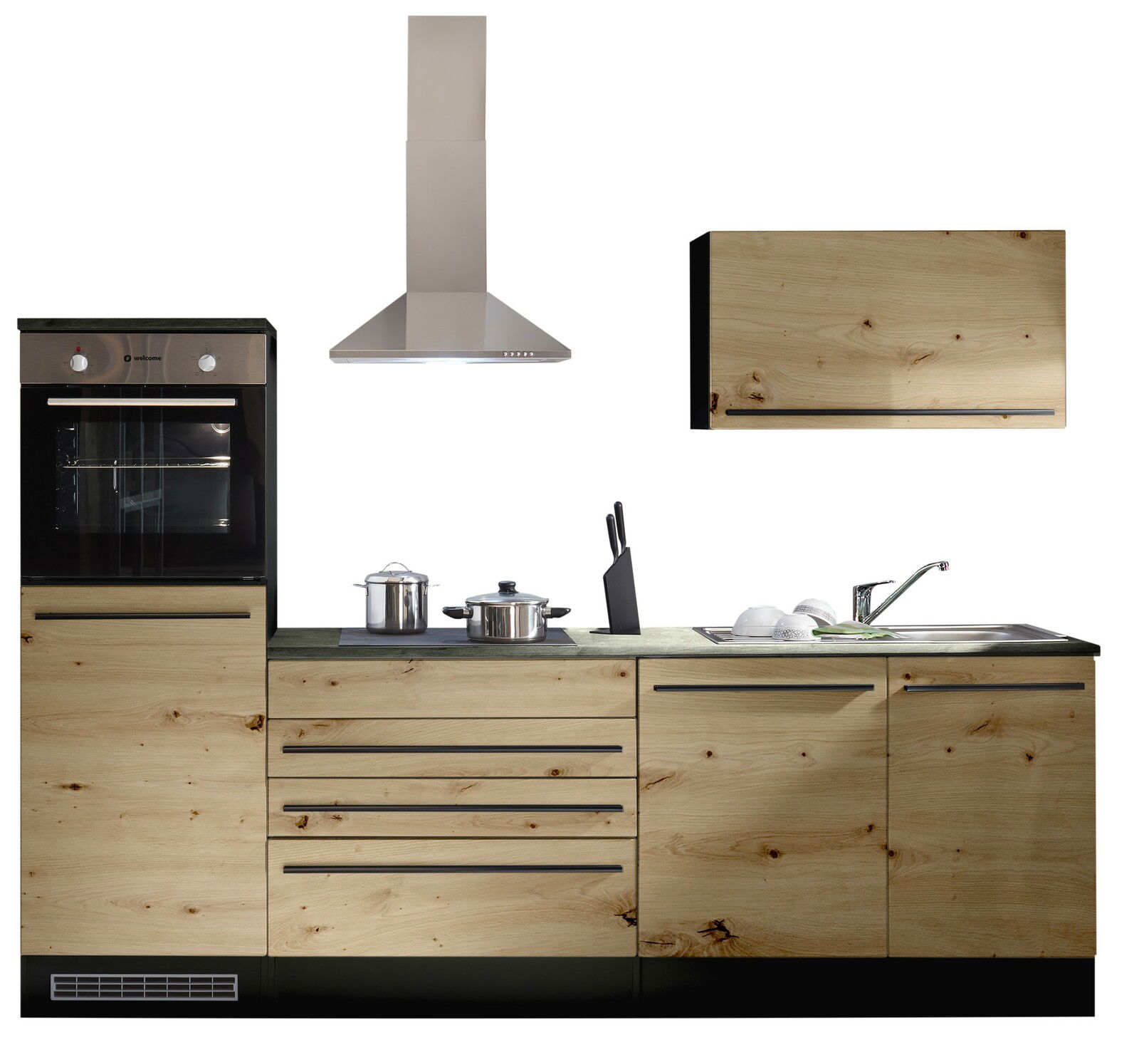 Küchenblock 260 mit Holzoptik, bestehend aus einem Backofen, Dunstabzugshaube, Schränken und Spüle, frontal betrachtet.