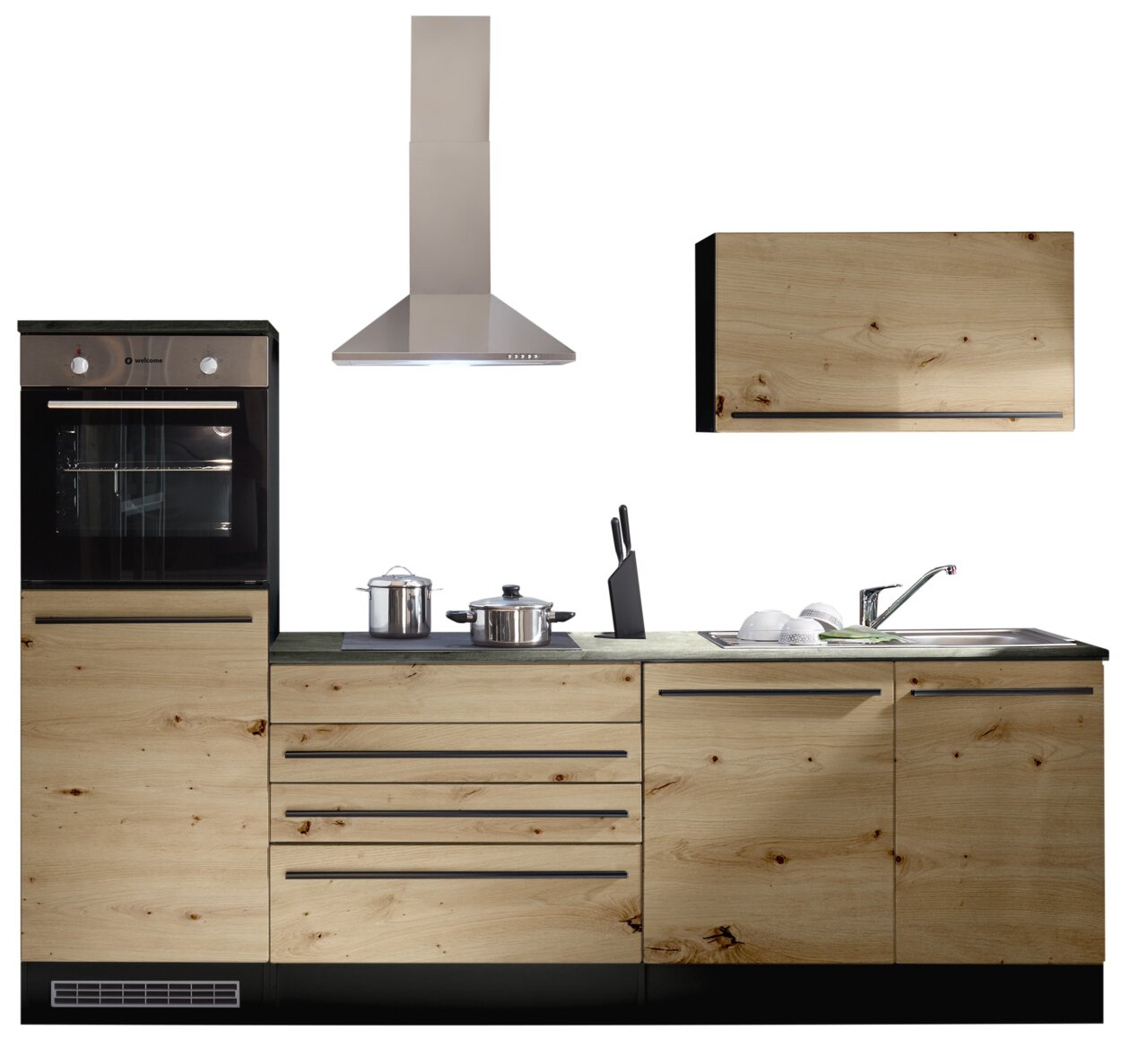 Küchenblock 260 mit Holzoptik, bestehend aus einem Backofen, Dunstabzugshaube, Schränken und Spüle, frontal betrachtet.