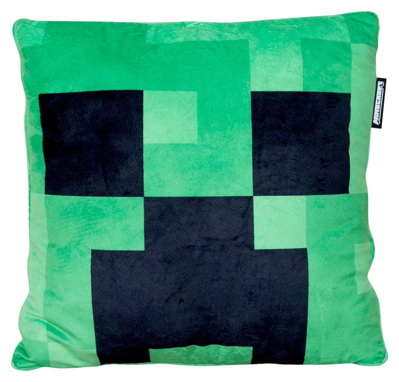 Quadratisches, flauschiges Minecraft-Kissen in Grün mit Creeper-Gesicht, Frontansicht