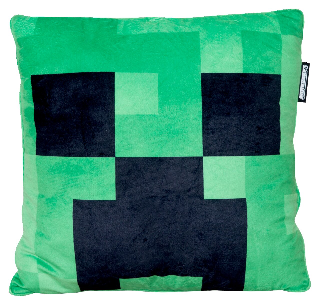 Vierkant, zacht Minecraft-kussen in groen met een Creeper-gezicht, vooraanzicht