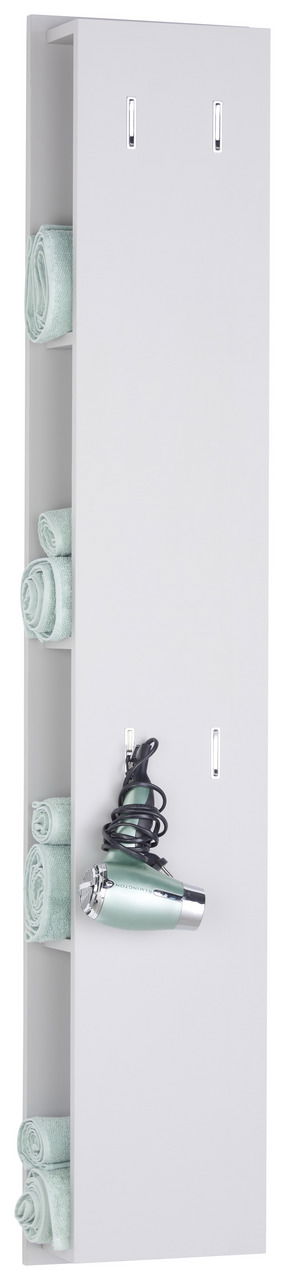 Hochschrank-Regal mit seitlichen Fächern für Handtücher und Halterung für einen Haartrockner, seitliche Perspektive