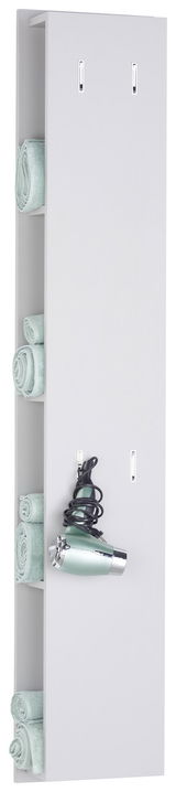 Hochschrank-Regal mit seitlichen Fächern für Handtücher und Halterung für einen Haartrockner, seitliche Perspektive