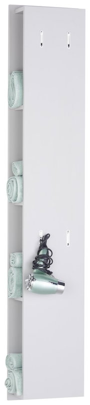 Hochschrank-Regal mit seitlichen Fächern für Handtücher und Halterung für einen Haartrockner, seitliche Perspektive