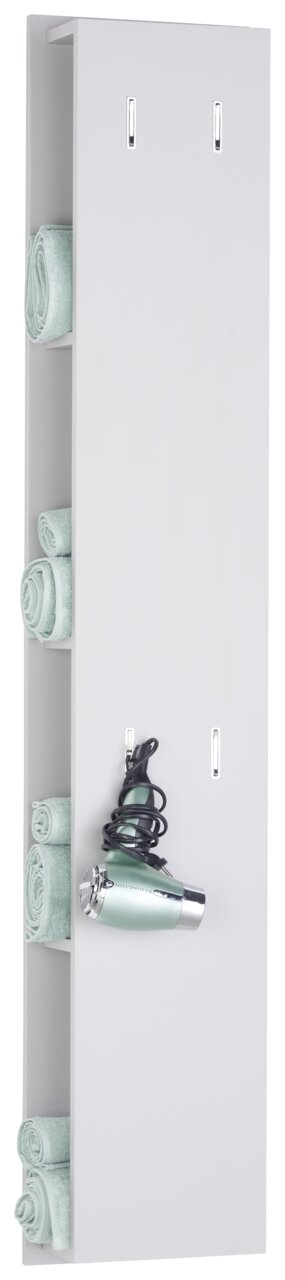 Hochschrank-Regal mit seitlichen Fächern für Handtücher und Halterung für einen Haartrockner, seitliche Perspektive