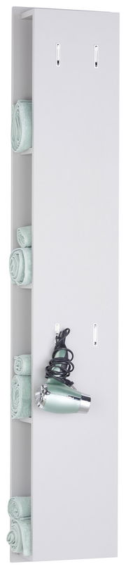 Hochschrank-Regal mit seitlichen Fächern für Handtücher und Halterung für einen Haartrockner, seitliche Perspektive