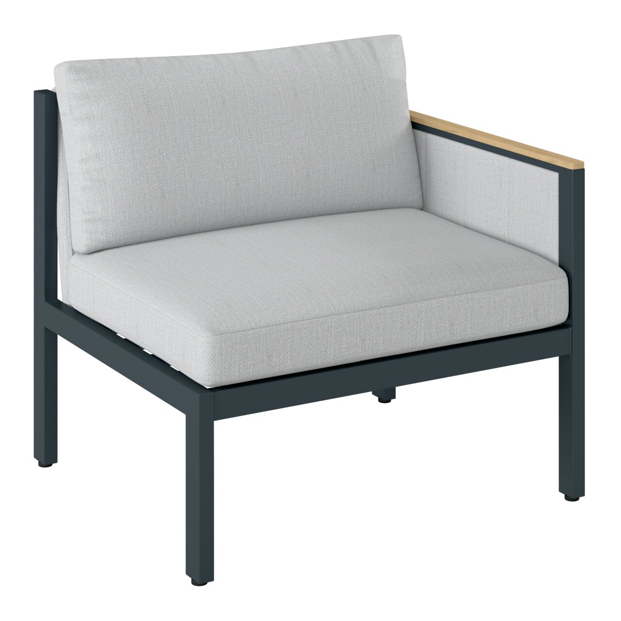 Modernes Lounge-Sofa mit rechtem Armteil, grauer Polsterung und schwarzem Rahmen, seitliche Perspektive