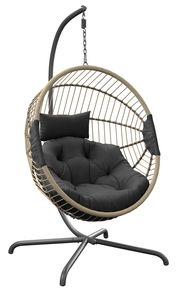 Moderner Hängesessel mit schwarzem Kissen und stabilem Metallgestell, seitliche Perspektive