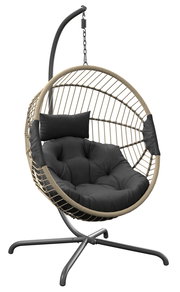 Moderner Hängesessel mit schwarzem Kissen und stabilem Metallgestell, seitliche Perspektive