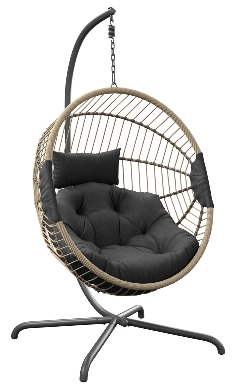 Moderner Hängesessel mit schwarzem Kissen und stabilem Metallgestell, seitliche Perspektive