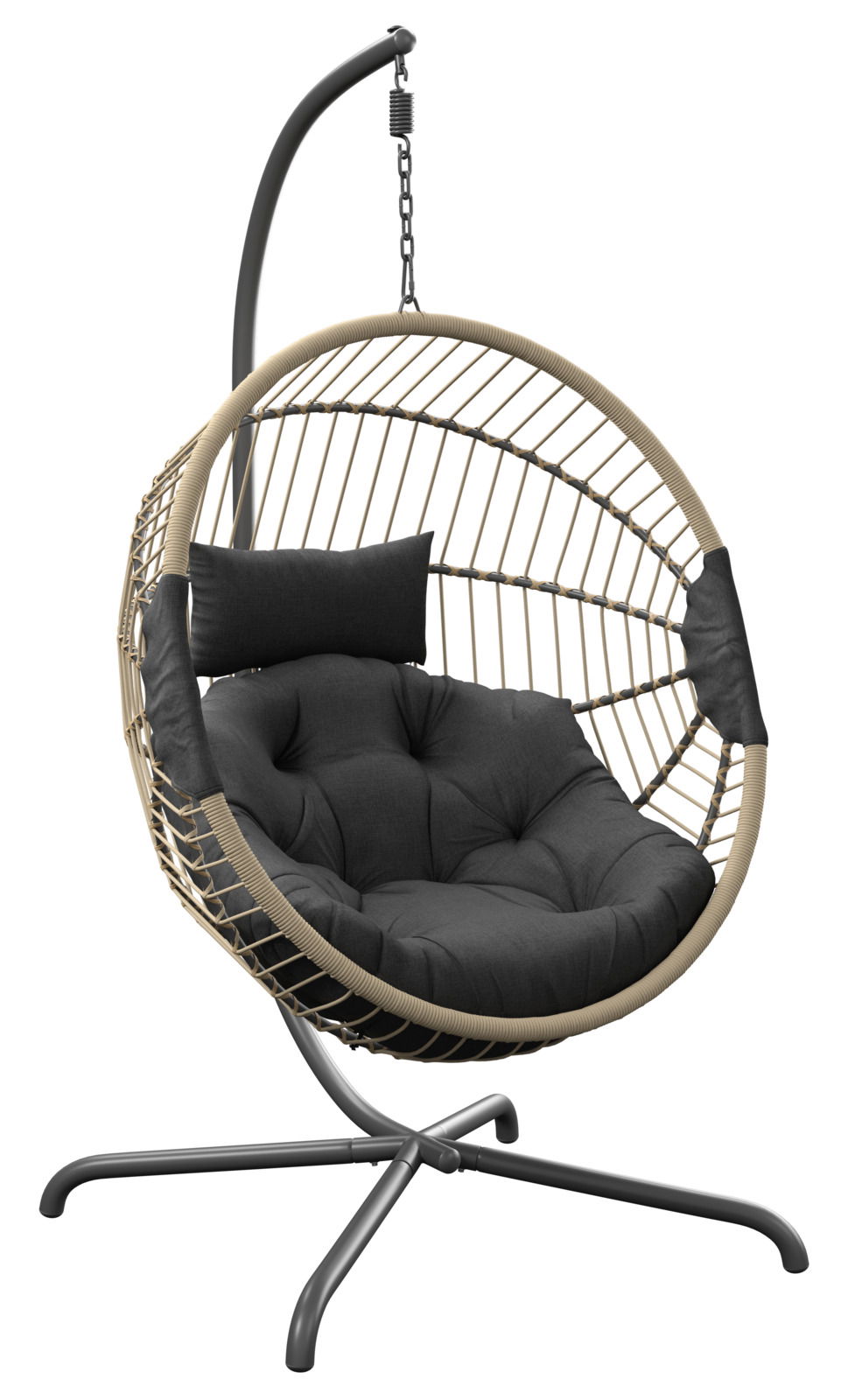 Moderner Hängesessel mit schwarzem Kissen und stabilem Metallgestell, seitliche Perspektive