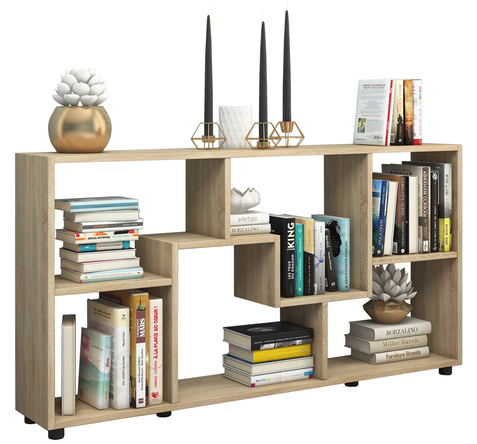 VCM Sideboard PINTAL Modernes, offenes Bücherregal/Sideboard in heller Holzoptik mit versetzten Fächern, befüllt mit Büchern und Deko; frontale Ansicht in leichter Schrägperspektive von vorne rechts.