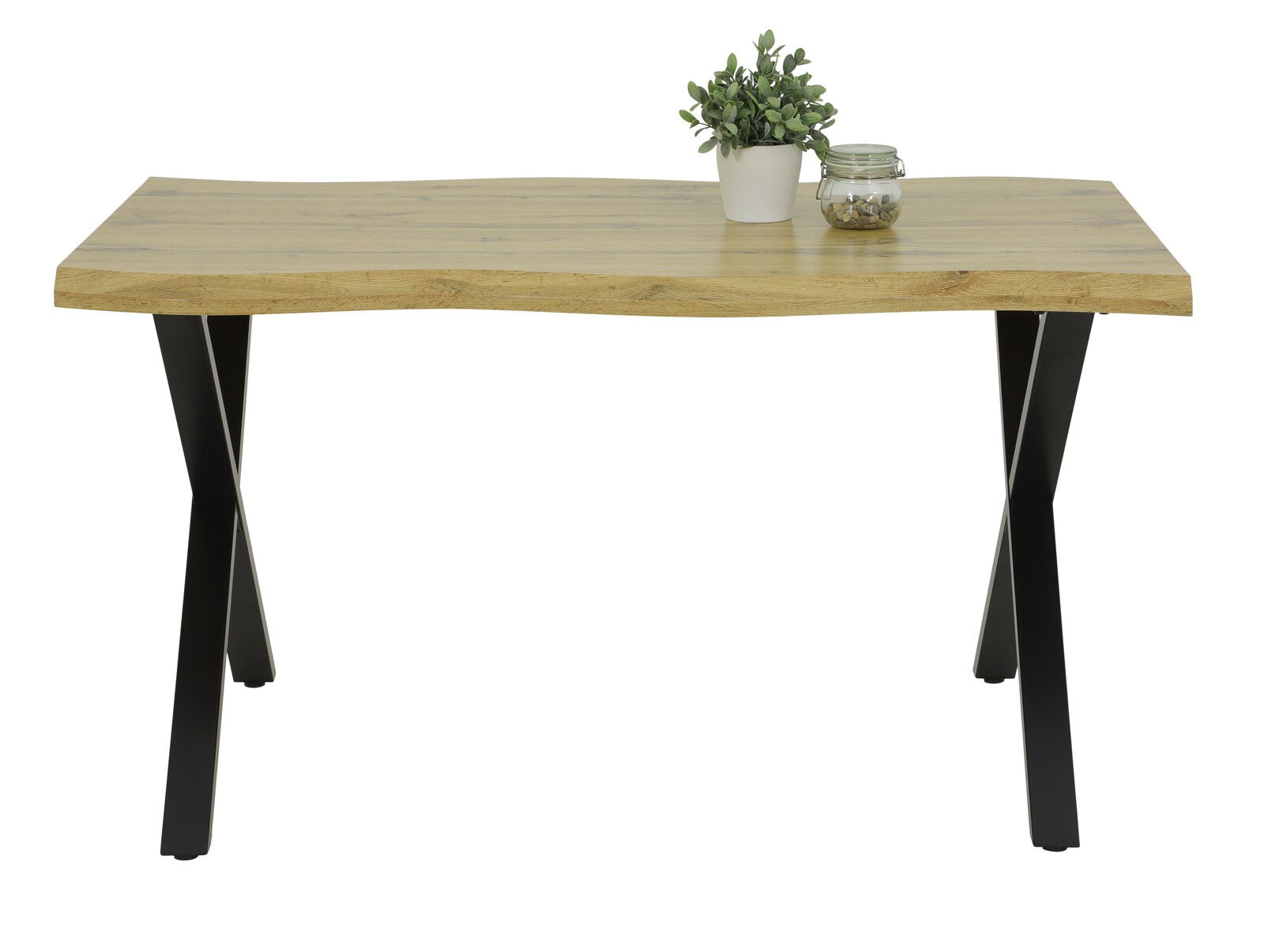 Moderner Esstisch mit Holzplatte und schwarzen Metallbeinen, frontal fotografiert. Auf dem Tisch stehen eine kleine Pflanze und ein Glas mit Steinen.