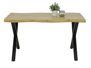 Moderner Esstisch mit Holzplatte und schwarzen Metallbeinen, frontal fotografiert. Auf dem Tisch stehen eine kleine Pflanze und ein Glas mit Steinen.