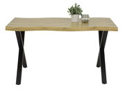 Moderner Esstisch mit Holzplatte und schwarzen Metallbeinen, frontal fotografiert. Auf dem Tisch stehen eine kleine Pflanze und ein Glas mit Steinen.