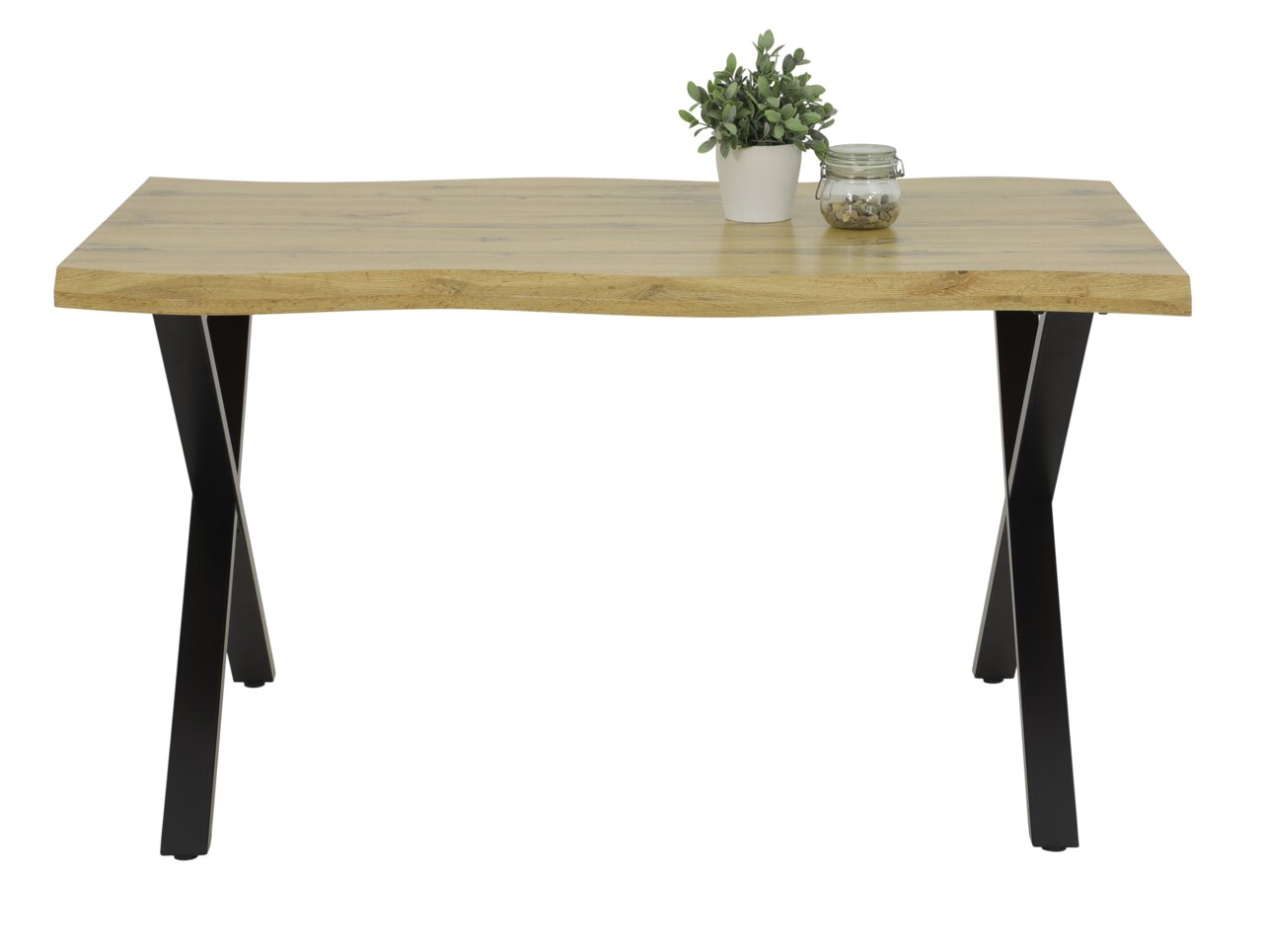Moderner Esstisch mit Holzplatte und schwarzen Metallbeinen, frontal fotografiert. Auf dem Tisch stehen eine kleine Pflanze und ein Glas mit Steinen.
