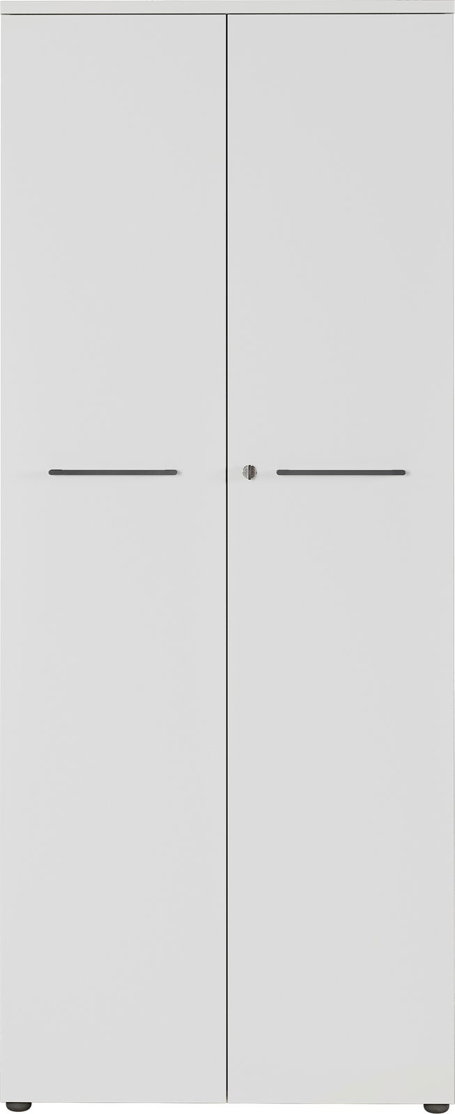 Moderner weißer Aktenschrank mit zwei Türen und zentralem Schloss, Frontalansicht