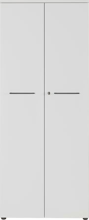 Moderner weißer Aktenschrank mit zwei Türen und zentralem Schloss, Frontalansicht