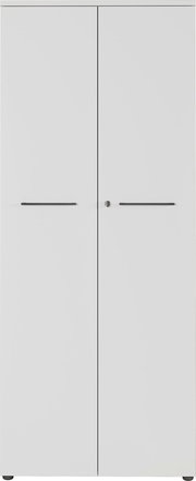 Moderner weißer Aktenschrank mit zwei Türen und zentralem Schloss, Frontalansicht