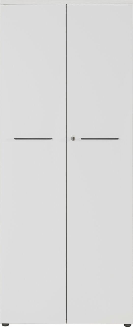 Moderner weißer Aktenschrank mit zwei Türen und zentralem Schloss, Frontalansicht