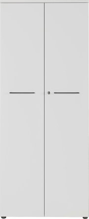 Moderner weißer Aktenschrank mit zwei Türen und zentralem Schloss, Frontalansicht