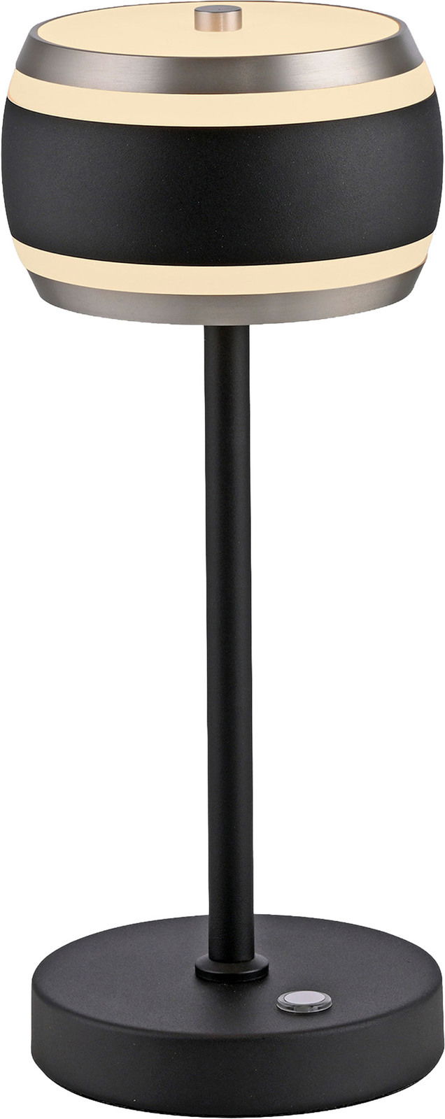 Moderne Akku-Tischleuchte in Schwarz und Metalloptik, seitliche Perspektive