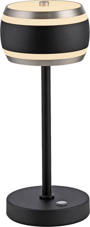 Moderne Akku-Tischleuchte in Schwarz und Metalloptik, seitliche Perspektive