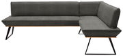 Graue Eckbank mit modernem Design, Metallbeinen und Polsterung, seitliche Perspektive
