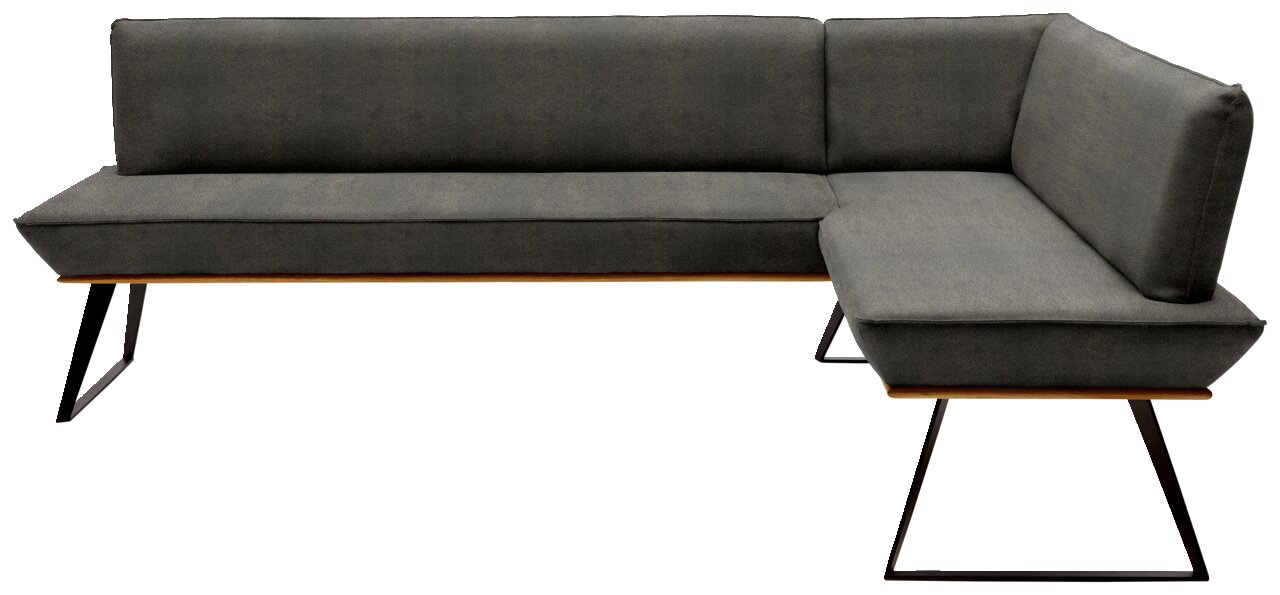 Graue Eckbank mit modernem Design, Metallbeinen und Polsterung, seitliche Perspektive