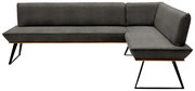 Graue Eckbank mit modernem Design, Metallbeinen und Polsterung, seitliche Perspektive