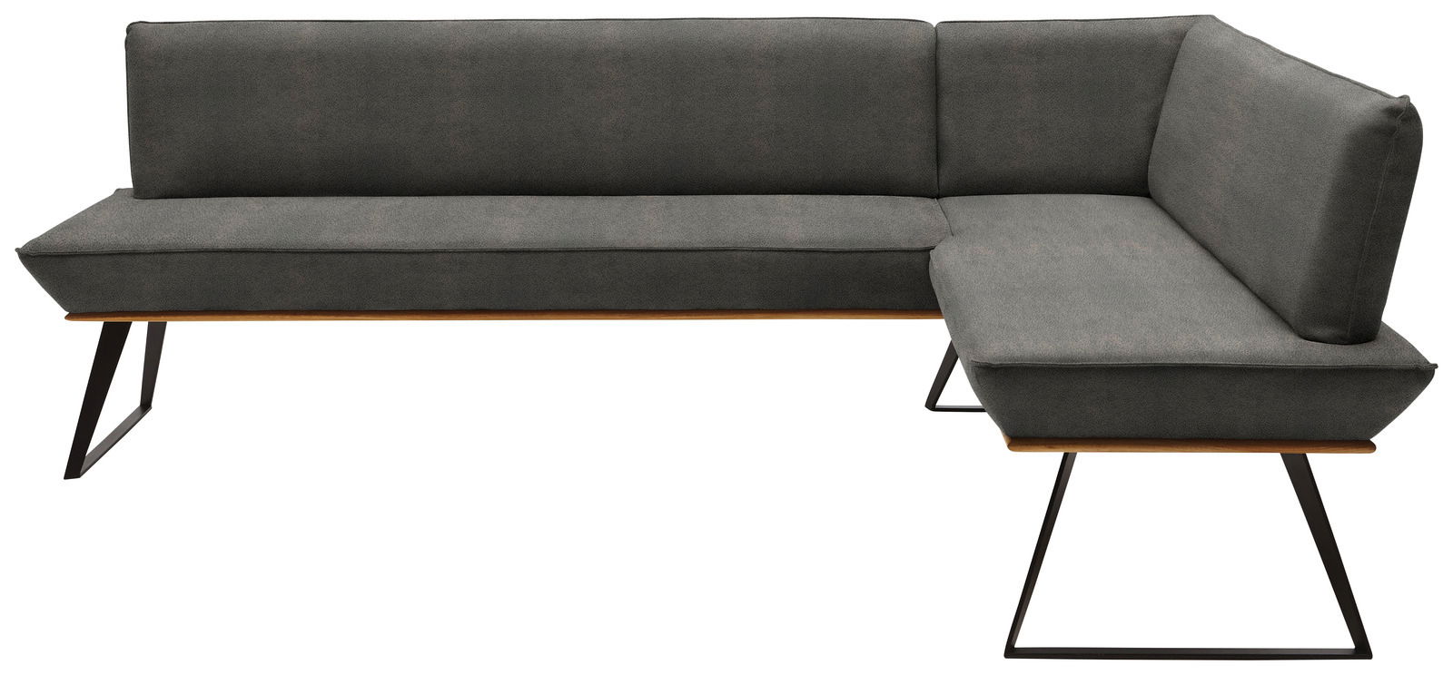 Graue Eckbank mit modernem Design, Metallbeinen und Polsterung, seitliche Perspektive