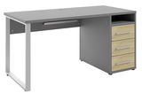 Moderner Schreibtisch mit grauer Tischplatte und drei Holzschubladen, seitliche Perspektive