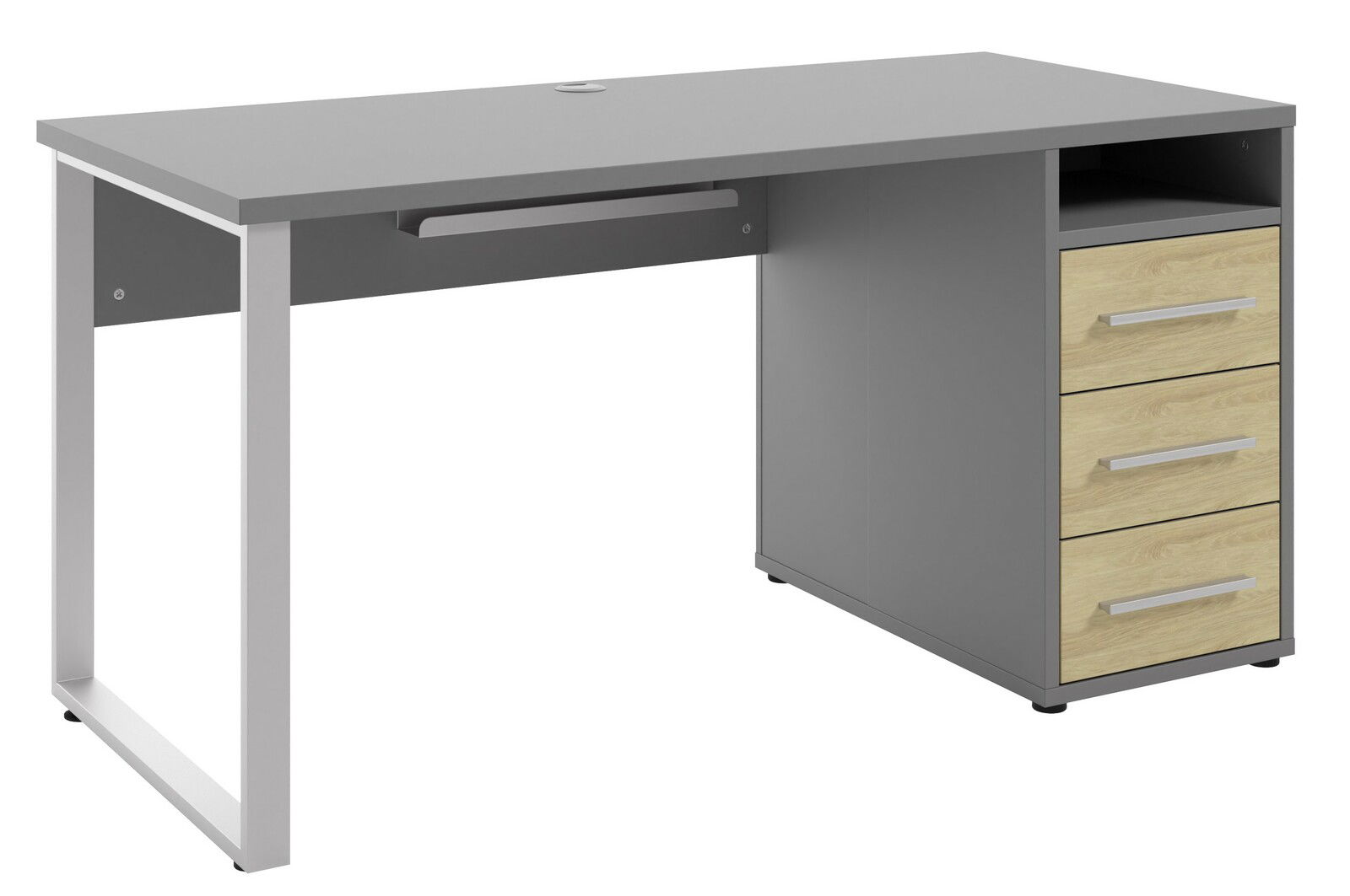 Moderner Schreibtisch mit grauer Tischplatte und drei Holzschubladen, seitliche Perspektive