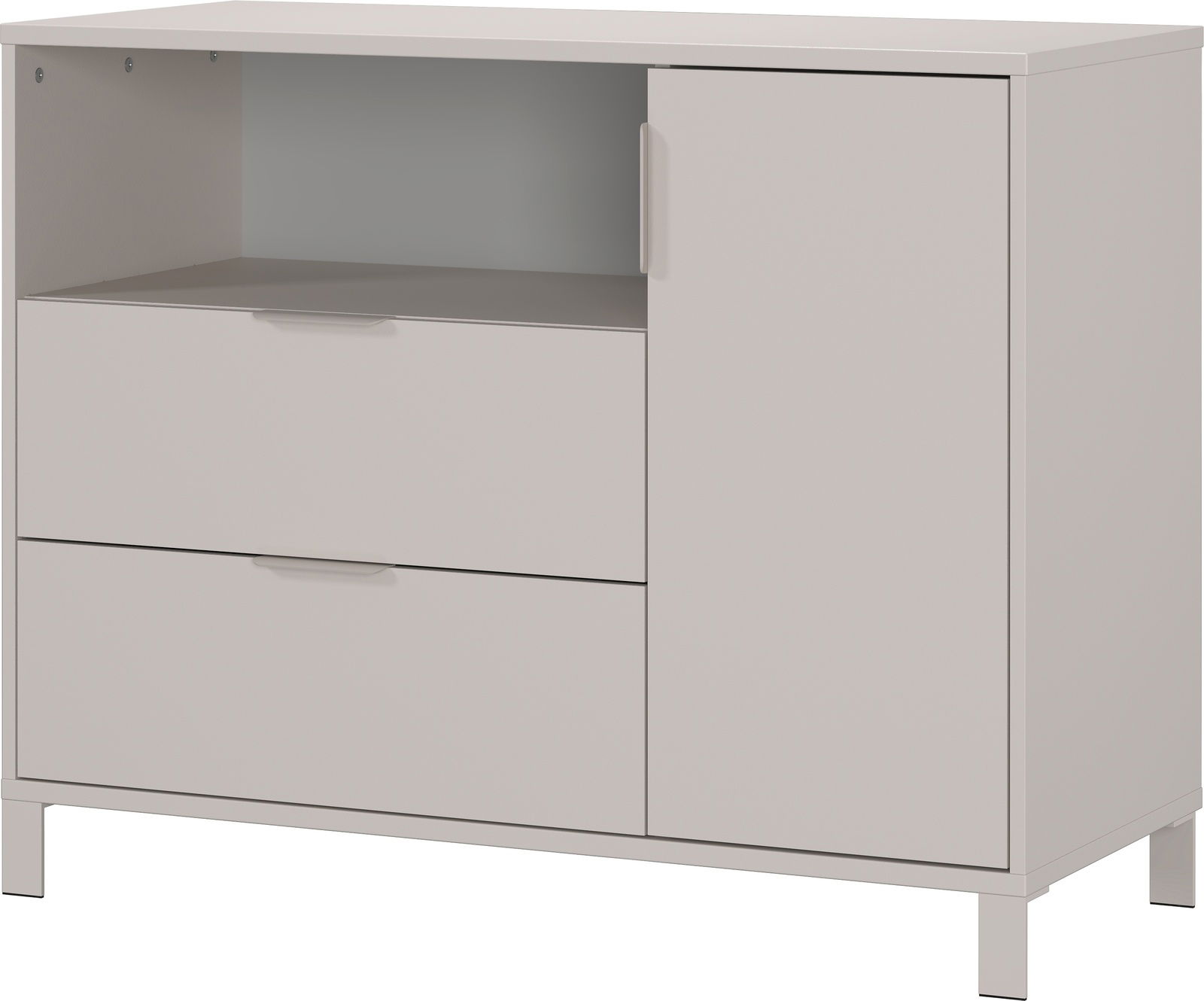 Weiße Kommode mit zwei Schubladen und einer Tür, frontal betrachtet.