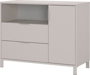 Weiße Kommode mit zwei Schubladen und einer Tür, frontal betrachtet.