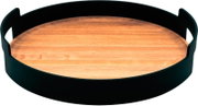 Rundes Serviertablett mit Holzboden und schwarzem Rand mit Griffausschnitten, Draufsicht leicht schräg von oben
