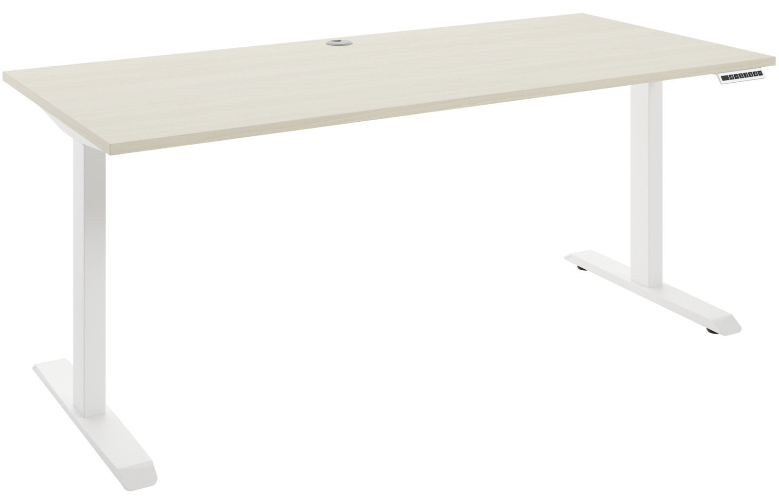 Moderner E-Schreibtisch mit weißem Gestell und heller Holzplatte, seitliche Perspektive
