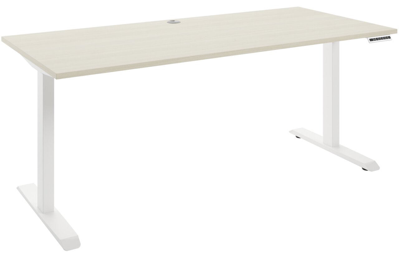 Moderner E-Schreibtisch mit weißem Gestell und heller Holzplatte, seitliche Perspektive