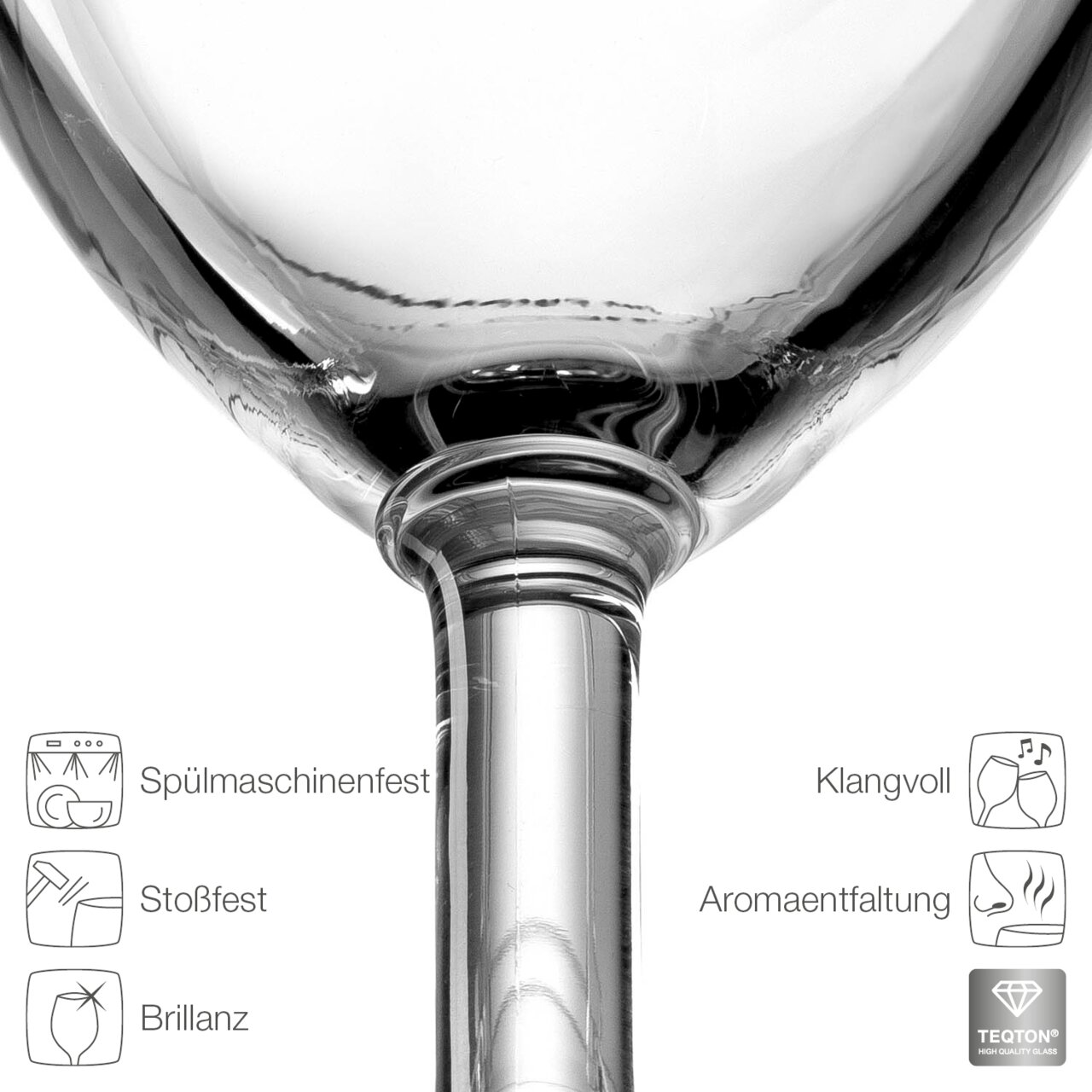 Close-up van een Daily-bierglas van helder glas, vaatwasmachinebestendig, schokbestendig en glanzend, met de nadruk op de steel.