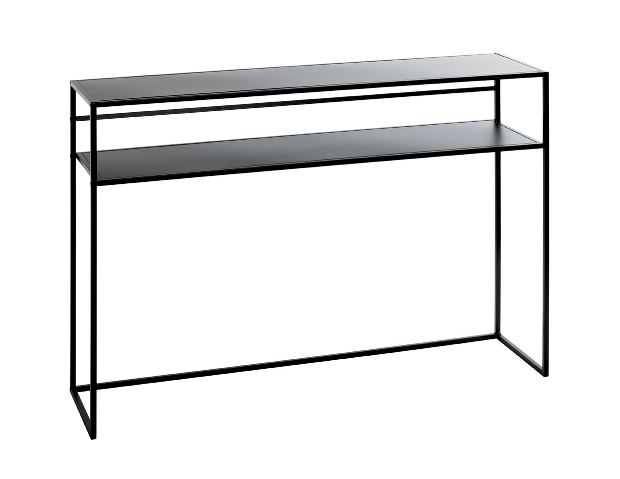 Schmaler, minimalistischer Konsolentisch aus schwarzem Metall mit zwei Ablageflächen, freigestellt auf weißem Hintergrund, in leichter Dreiviertelansicht von vorne rechts