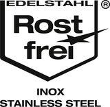 Logo mit der Aufschrift 'Edelstahl Rostfrei INOX Stainless Steel', Vorderansicht