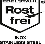 Logo mit der Aufschrift 'Edelstahl Rostfrei INOX Stainless Steel', Vorderansicht